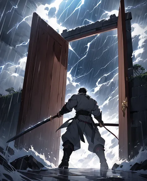 A huge door，storm，A swordsman，dark