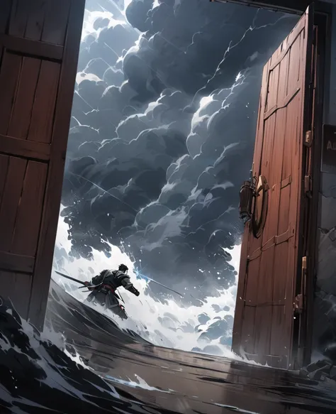 A huge door，storm，A swordsman，dark