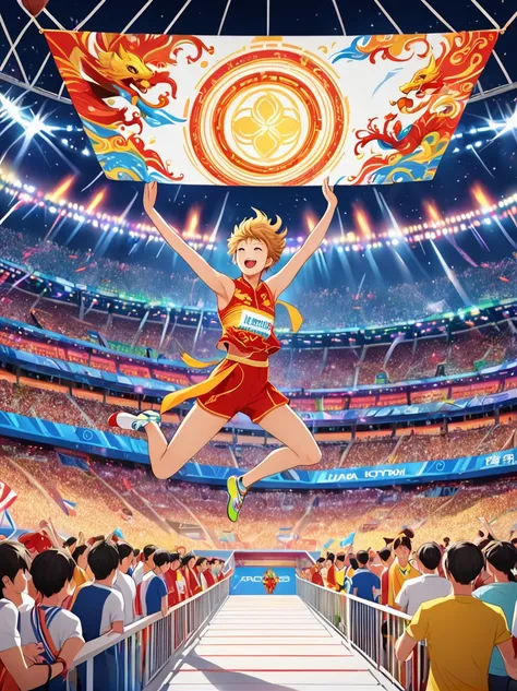 poster，advanced，surreal，fantastic effect，sun wukong in chinese mythology，competing in the high jump at the olympics，fly over the...