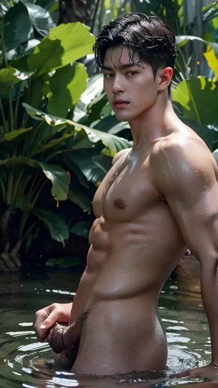 (best quality,4k,8k,highres,masterpiece:1.2),ultra-detailed,(realistic,photorealistic,photo-realistic:1.37),shirtless wet face and full body, full body pic, sweat glistening on his skin,raindrops falling down his toned chest,rugged jawline,perfectly sculpt...