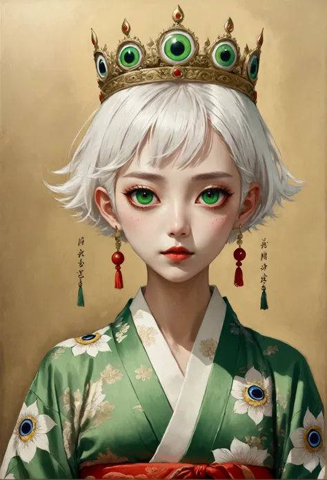 Inspired by Colored lead painting, The third eye vision on the forehead。White short hair，Crown,Green kimono，Thin waist，Background many eyes