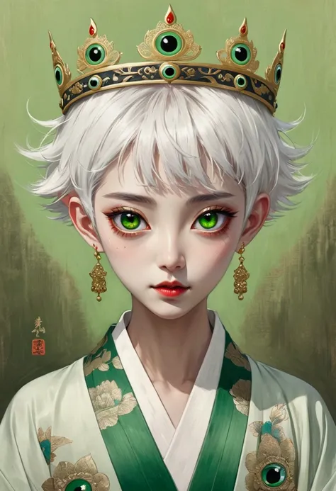 Inspired by Colored lead painting, The third eye vision on the forehead。White short hair，Crown,Green kimono，Thin waist，Background many eyes