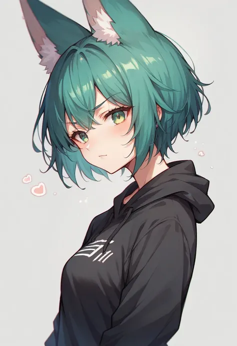 a closeup of a cartoon character with fox ears, fox girl, Mikudayo, anime moe art style, nekomimi, short hair, anime girl with teal hair, dominant pose, black sweatshirt, black stockings, portrait