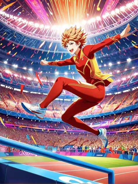 poster，advanced，Surreal，Fantastic effect，Sun Wukong in Chinese mythology，Competing in the high jump at the Olympics，Fly over the railing easily，Happy expression，Joyful crowd in the background，Colorful arena，The tense atmosphere of the game，Colorful lights ...