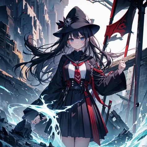 1girl,(((Highest quality、Masterpiece、Official Art、The best dynamic composition、超detailed)))、Anime Style、Vampire Hunter、Black Sailor Suit、Black pleated skirt、The moment the Grim Reaper swung down his giant toad with both hands、Super huge、detailed、Perfect An...