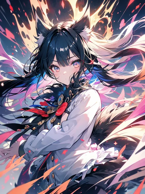 girl, furry ears, claws, tail, acceleration, wind, magic, wind magic, black hair, scratch, cute, long hair