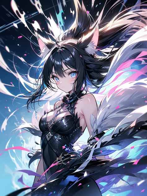 cat girl, furry ears, claws, tail, acceleration, wind, magic, wind magic, black hair, scratch, cute, long hair