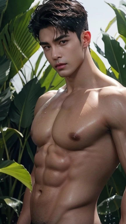 (best quality,4k,8k,highres,masterpiece:1.2),ultra-detailed,(realistic,photorealistic,photo-realistic:1.37),shirtless wet face and full body, full body pic, sweat glistening on his skin,raindrops falling down his toned chest,rugged jawline,perfectly sculpt...