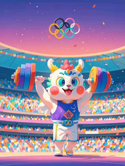 poster，advanced，Surreal，Fantastic effect，A thin and cute anthropomorphic Chinese dragon，Weightlifting at the Olympics in France，Lift the barbell easily，Happy expression，Joyful crowd in the background，Colorful arena，The tense atmosphere of the game，Colorful...