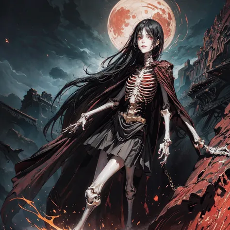 full-body shot, wide-angle lens, upward shot, best quality, 4K, high resolution, masterpiece, Very detailed, Mood lighting, An undead girl in a long cape, Whole body including hands & arms & legs & feet are all skeleton bones but except the head is still b...