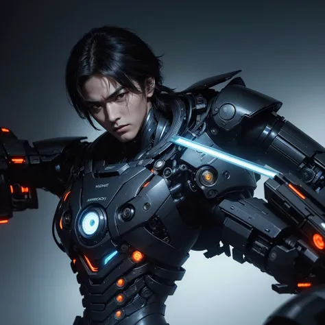 Asian male face mechanical male resolute face handsome male high quality male guide line, bright palette, Highly professional, Dramatic Lighting, Extremely beautiful:1.4), (complex details, masterpiece, best quality:1.4), Biomechanical Cyberpunk, Cyberneti...