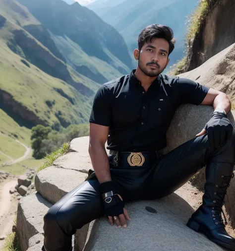 30 years old,One Man,Sri Lankan militants,Cliff in the mountains、Sleeping sitting with legs wide open,logic,Gay ,Short Hair、Stubble,Handsome、Fighting spirit、The crotch area is bulging。Shocker Belt、Black boots、Black gloves