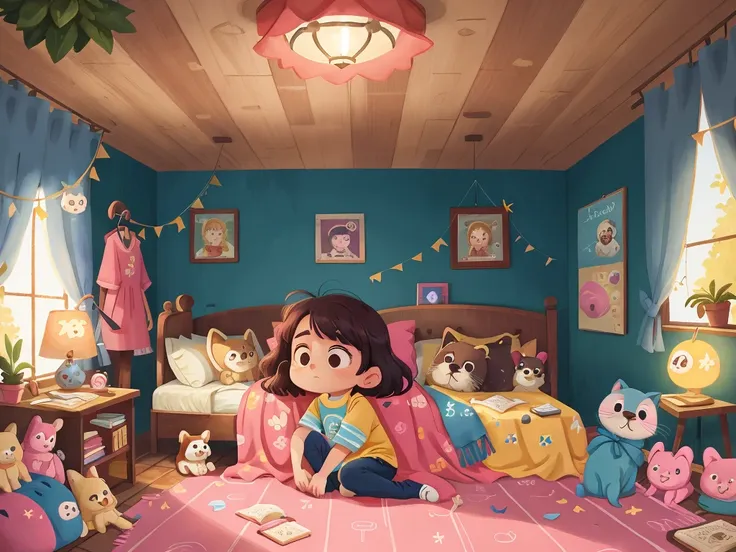 Luna finding herself back in her bed, with Mr. Snuggles still tucked under her arm, and her room softly lit, and her room softly lit, blue, pink, pastel yellow, bright theme, HD, 4K