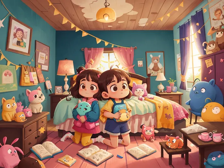 Luna finding herself back in her bed, with Mr. Snuggles still tucked under her arm, and her room softly lit, and her room softly lit, blue, pink, pastel yellow, bright theme, HD, 4K