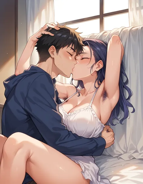 check_9, check_8_up, check_7_up, source_anime, 1 boy, 1 girl, зрелая woman, Mother and son, , hug, kiss, hand on head, on the knees,perfect face, woman, big tits, huge boobies, rough face,detailed face, hairy armpits,  armpit sample, pubic hair, pelos nas ...