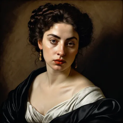 photo figura intera of a realistic woman in the style of Caravaggio, detailed skin