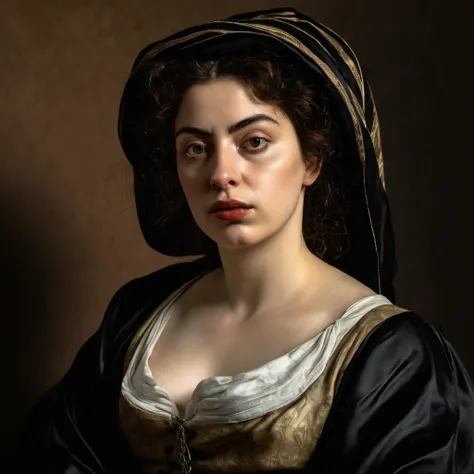 photo figura intera of a realistic woman in the style of Caravaggio, detailed skin