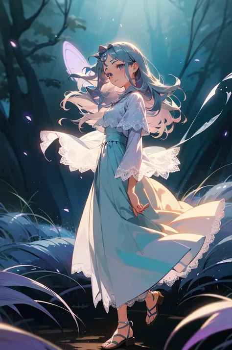 1female, teal hair, styled in loose waves, lavender eyes, curious expression, delicate silver circlet on her forehead, flowing white blouse with lace details, high-waisted light blue skirt, simple brown sandals, enchanted forest background with soft, glowi...