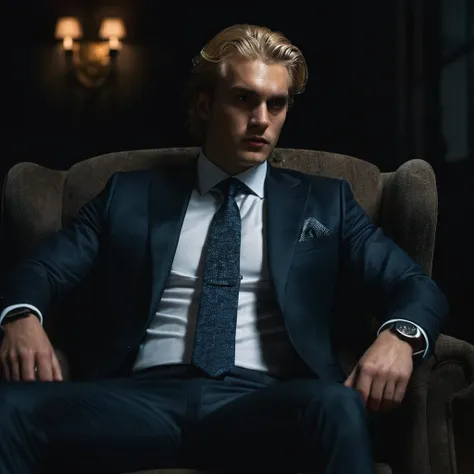 man, wearing suit and tie, blond hair, disturbing look, looking away, sitting on an armchair, with legs crossed, a dark hall in the background, darkness, dark, mystery, realism, high quality, masterpiece, soft light, 4k, 8k, hd, perfect background, perfect...