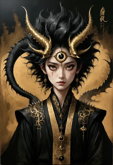 Medieval ink painting，Third Eye Vision。Spiky hair，Dragon Horn，3d，Dark eyeshadow，whole body，robe，Wide Angle，black and gold