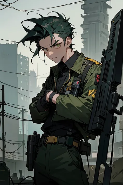 1male, dark teal hair, styled in a messy quiff, bright gold eyes, determined expression, sleek black tactical vest, fitted olive green pants, utility belt with small gadgets, high-tech goggles resting on his forehead, urban dystopian background with toweri...