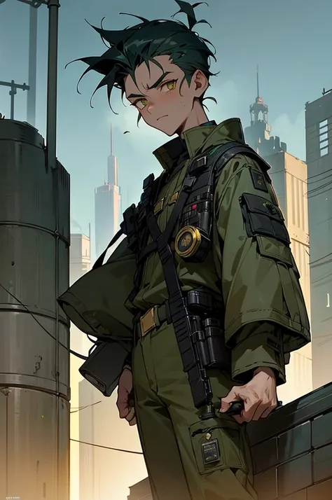 1male, dark teal hair, styled in a messy quiff, bright gold eyes, determined expression, sleek black tactical vest, fitted olive green pants, utility belt with small gadgets, high-tech goggles resting on his forehead, urban dystopian background with toweri...