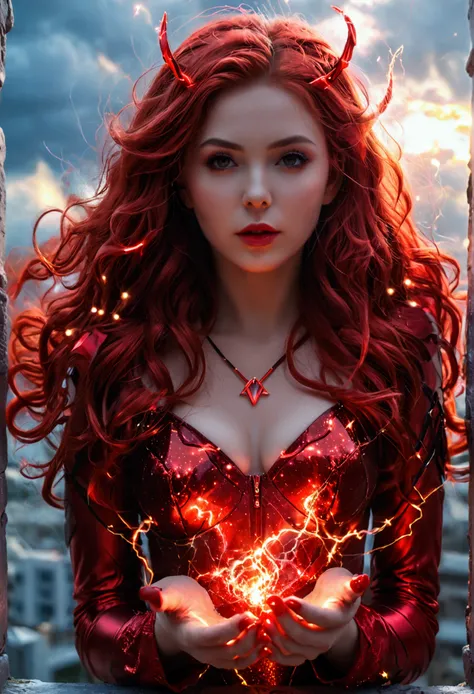 ultra realistic, photography, long red hair, girl, 24 years old, hourglass figure, perfect body, Flirty look, extremely detailed artgerm, in the style artgerm, facing the camera, lens 35 mm, blur background, scarlet witch red cosplay, floating in the air, ...