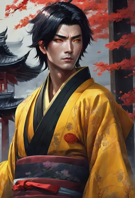 Man with short black hair, red locks, yellow eyes, Japanese clothes, epic fantasy style 