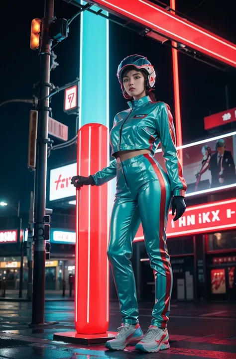 a woman wear glossy suit in cyan color with red neon stripes, wear red pants with three white neon stripes, she has silver helmet with glass windscreen, she standing on tower, nightime, fast and furious, neons lighting and billboards city. 