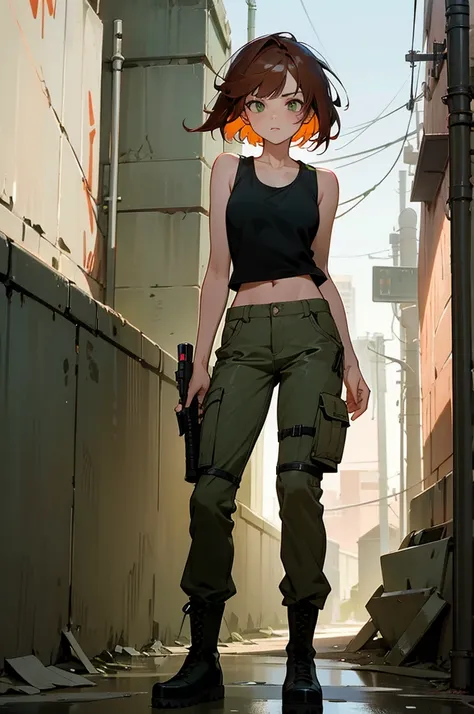 1female, auburn hair, styled in a messy bob, green eyes, focused expression, practical gray tank top, olive green cargo pants, black combat boots, tactical backpack, urban alley background with scattered graffiti and neon lights, detailed face, hands to si...