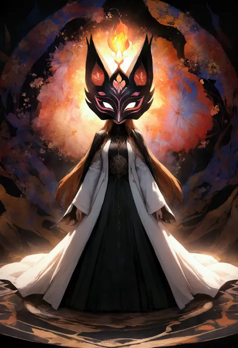 1 girl, alone, official art, unity 8k wallpaper, very detailed, beautiful and aesthetic, masterpiece, best quality, realistic, (abstract background:1.5) (ztangle, mandala, tangled, tangle:0.7) kitsune witch, kitsune mask, haori jacket, foxfire spell, fox i...