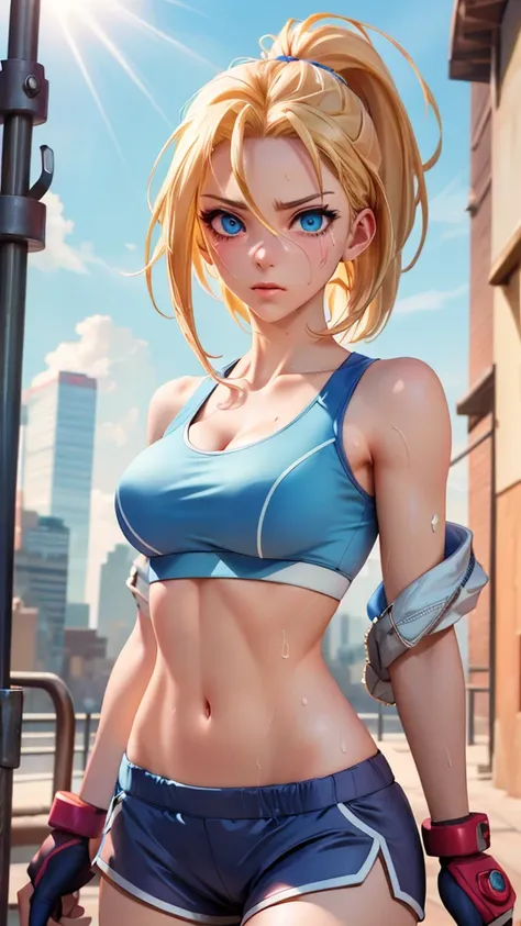 ((((masterpiece, best quality, high resolution)))), extremely detailed 8k, 1 female, (cammy white),(blue sports bra,shorts), (ul...