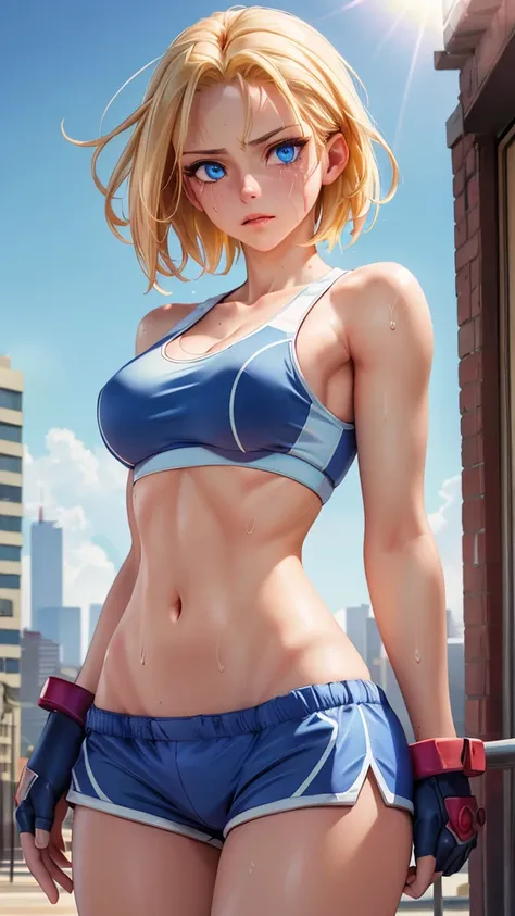 ((((masterpiece, best quality, high resolution)))), Extremely detailed 8K, 1 female, (Cammy White),(blue sports bra,shorts), (Ultra HD, Ultra-detailed, Highly detailed, Highly realistic, Ultra-realistic, photograph realistic), (1girl:1.5), (Realistic short...