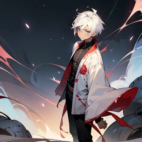 1male, Modern Undercut Hair ,Young Male, Curly White Hair , Pale Blue Eyes , Dark Skin , Black Yukata with Red Swirl Designs on the sleeve , Calm Expression , Standing on path