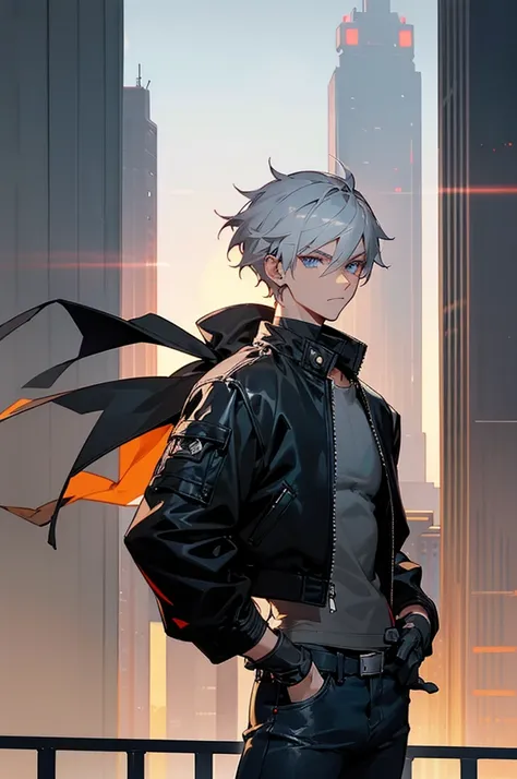 1male, steel gray hair, cropped short, piercing blue eyes, determined expression, sleek black bomber jacket, dark jeans, black leather gloves, city rooftop background with distant skyscrapers and a sunset, detailed face, hands to side, standing on path