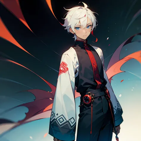 1male, Modern Undercut Hair ,Young Male, Curly White Hair , Pale Blue Eyes , Dark Skin , Black Yukata with Red Swirl Designs on the sleeve , Calm Expression , Standing on path