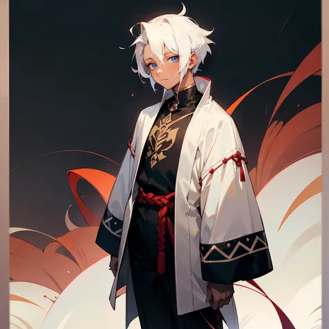 1male, Modern Undercut Hair ,Young Male, Curly White Hair , Pale Blue Eyes , Dark Skin , Black Yukata with Red Swirl Designs on the sleeve , Calm Expression , Standing on path