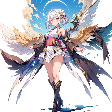 (masterpiece, Highest quality), (perfect athletic body:1.2), (Thin Hair), 非常にdetailedな, Anime Style, whole body, alone,  Gothloli kimono, Fairy Wings,Magical girl、Magic giant wand、  White hair and brown skin, High Boots,Floating in the blue sky, High heel ...