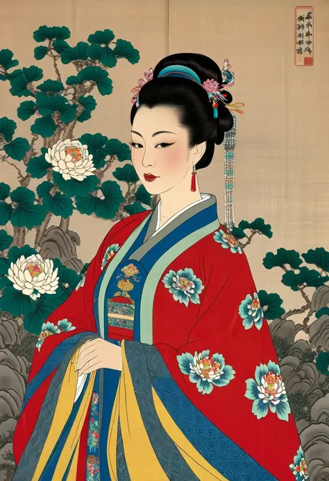 The figure seen from the front with the palaces stone tatami mats in the background.
In the garden of a Qing Dynasty Chinese palace, the Empress is wearing a Manchu garment with a red floral pattern, with the Manchu garment open all the way down the front,...