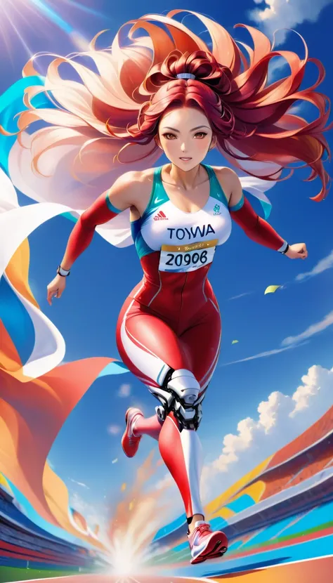 a photo finish sports shot of a para Olympic game participant runner, one of her leg is mechanical prosthetic leg, a woman sports athlete,  ((full body shot: 1.5)), ((anatomically correct: 1.5)) (ultra detailed face: 1.2), dynamic hair style, dynamic hair ...