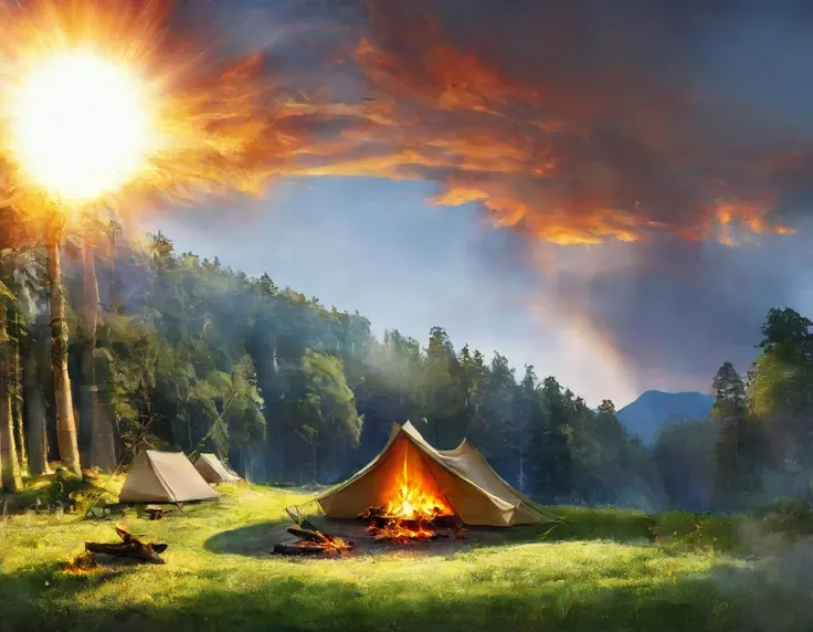 a camp in lush green forest, with a single large tent and a fire pit nearby, sun shining brightly