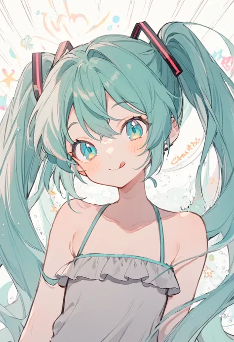 Soft lines, one girl, Hatsune Miku, cute, Blue-green hair, Twin tails, Blue-green eyes,  Smile, Sticking out tongue, Grey clothes with bare shoulders, summer