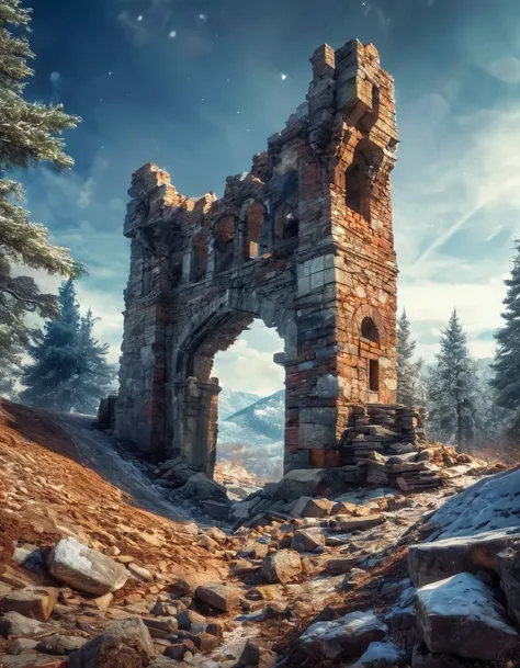 over a snowy mountain landscape on a flying rock the ruins of a destroyed brick elegant viaduct night space milky way coniferous trees many small details gothic filigree colorful gloomy professional photo HDR hyper detail realistic CGI high resolution qual...