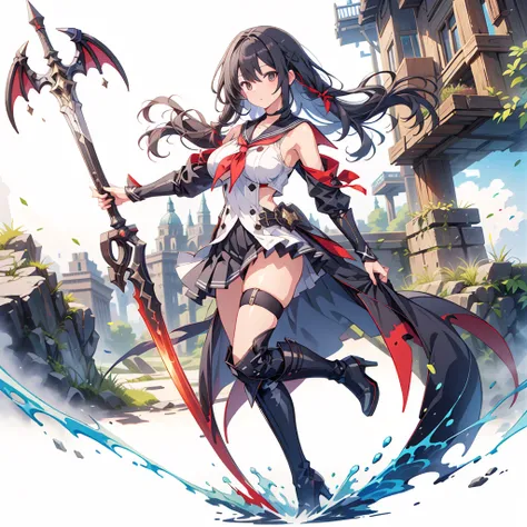 (masterpiece, Highest quality), (perfect athletic body:1.2), (Thin Hair), 非常にdetailedな, Anime Style, whole body, alone,  Black sailor suit and black pleated skirt, Vampire Hunter、Huge black and red sword、  Black hair and brown skin, High Boots,Floating in ...