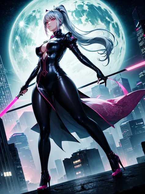 anime, (artwork, best quality, ultra-detailed, high contrast), 1 woman (Alone, full body, plus size body, standing on the edge of the skyscraper, silver hair, LONG In a ponytail, red eyes ruby sparkles, (black qipao, black cybernetics with neon pink), tran...