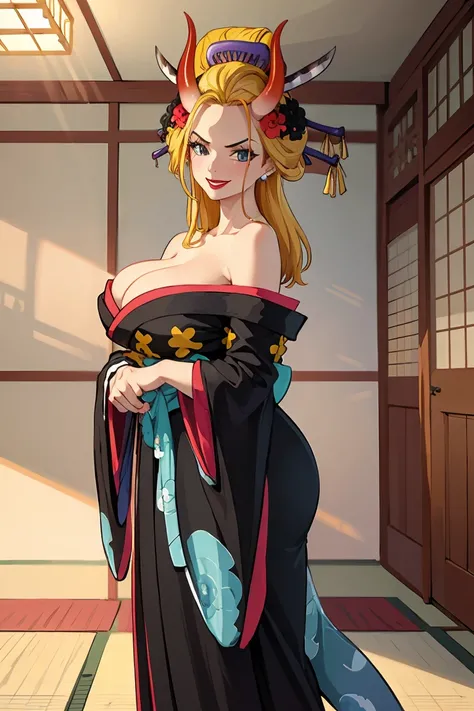 (masterpiece, best quality:1.2), solo, 1girl, blackmaria, lipstick,seductive smile,, hair stick, hair flower, horns, v-shaped eyebrows, japanese clothes, black kimono, off shoulder, earrings, bare shoulders , room, big breasts,
