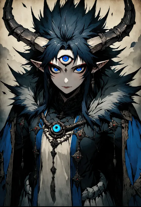 medieval ink painting，third eye vision。spiky hair，horn，3d，dark eyeshadow，whole body，robe，wide angle，black and blue