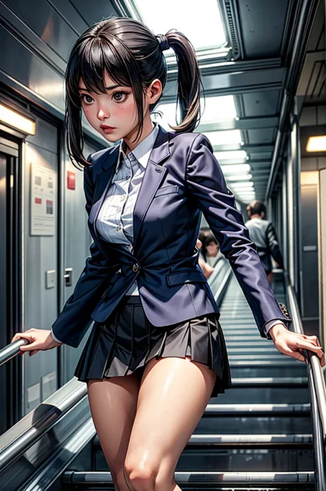 ((highest quality)), ((masterpiece)), (familiar),  a high school girl riding an escalator on her way to school、glare、navy blazer...