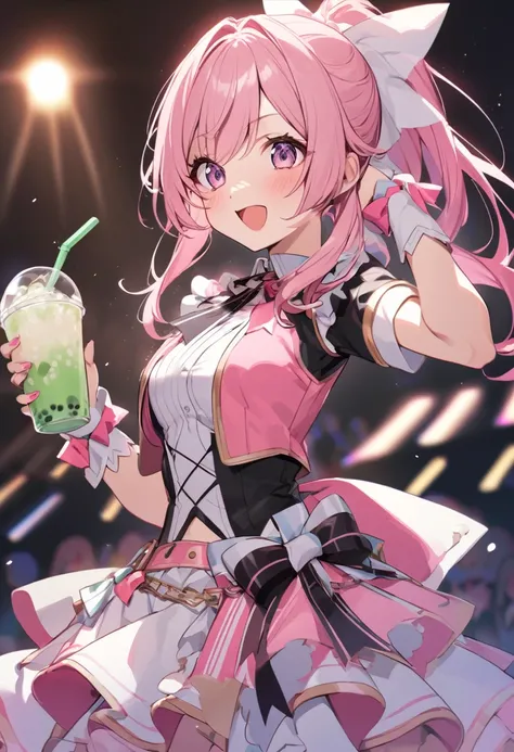 Long soft pink  hair girl, ponytail, idol outfit, grab boba drink