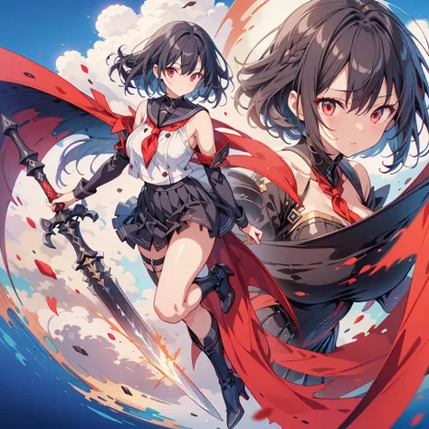 (masterpiece, Highest quality),  (Thin Hair), 非常にdetailedな, Anime Style, whole body, alone,  Black sailor suit and black pleated skirt, Vampire Hunter、Huge black and red sword、  Black hair and brown skin, High Boots,Floating in the blue sky, High heel boot...